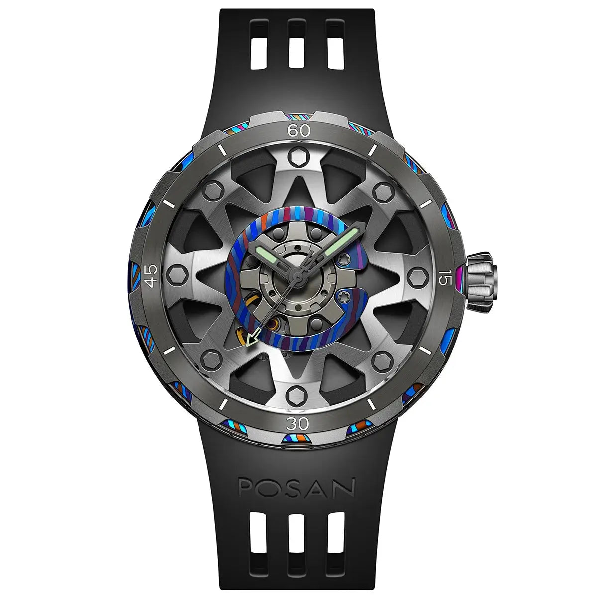 Timascus automatic watch with black rubber strap and intricate geometric dial