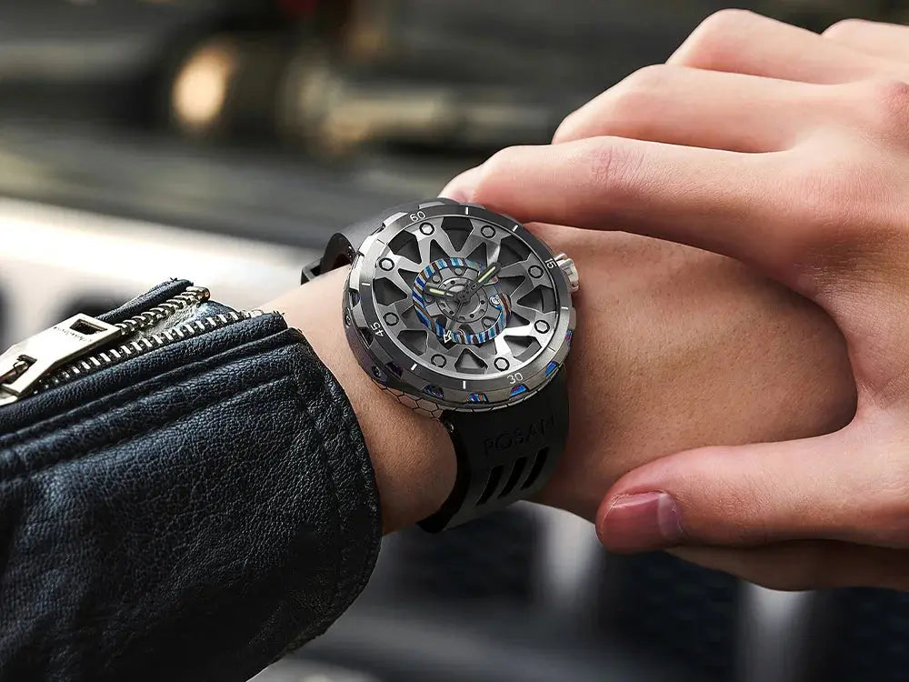 Timascus automatic watch on wrist with black strap and intricate dial design 