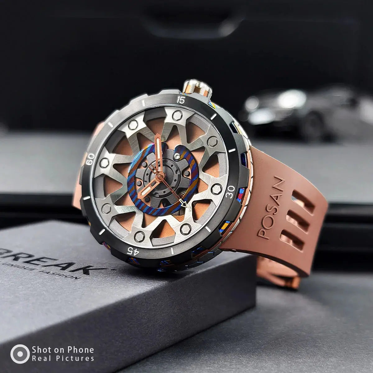 Timascus automatic watch with skeleton dial and rose gold silicone strap