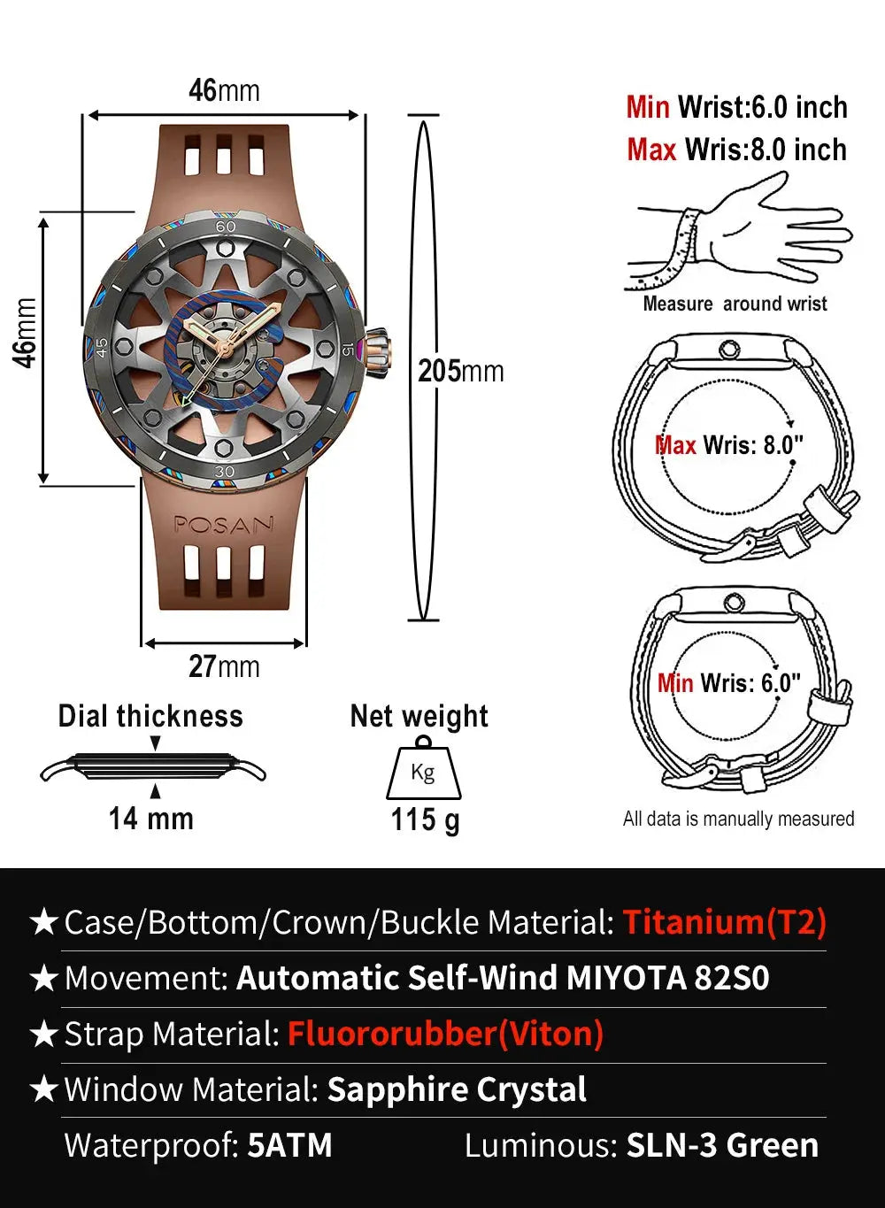 Timascus automatic watch with titanium case, fluororubber strap, sapphire crystal, and 46mm dial