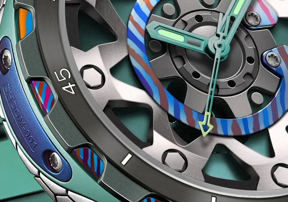 Close-up of Timascus automatic watch dial with colorful patterned bezel and luminous hands