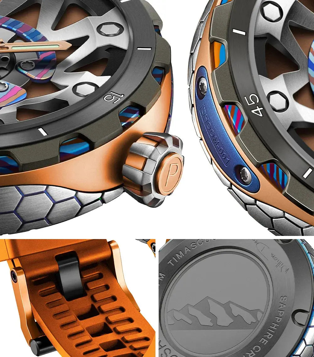 Close-up details of Timascus automatic watch showcasing the dial, crown, strap, and back case