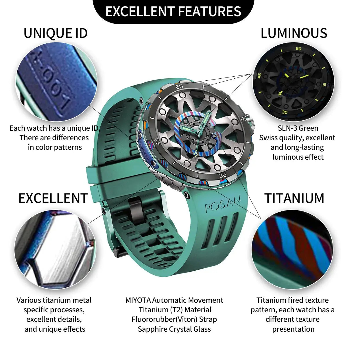 Timascus automatic watch with titanium case, fluororubber strap, and luminous SLN-3 green dial