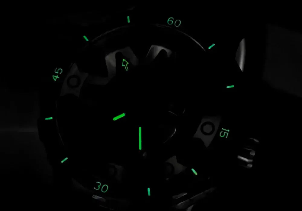 Timascus automatic watch glowing green luminous markers in dark