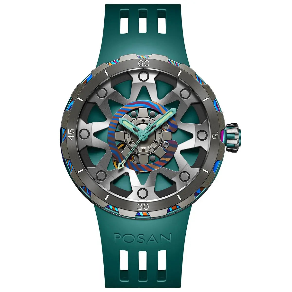 Timascus automatic watch with teal strap and intricate gear design on dial