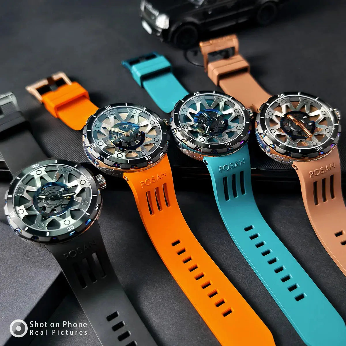 Timascus automatic watch collection with colorful silicone straps in black orange blue and beige