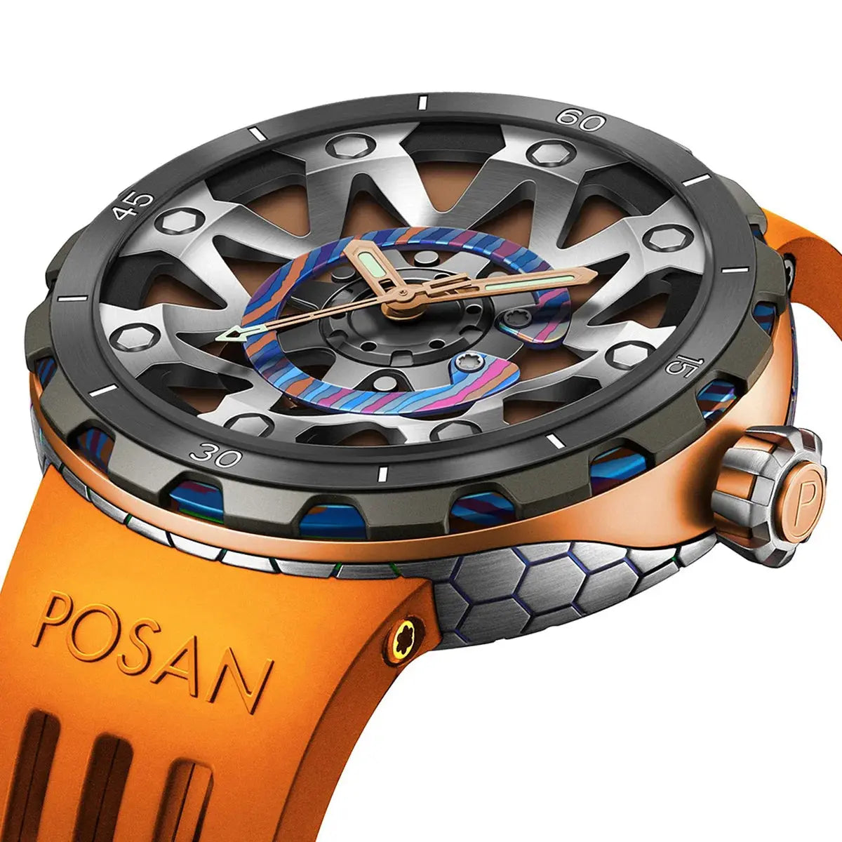 Timascus automatic watch with orange strap and intricate dial design