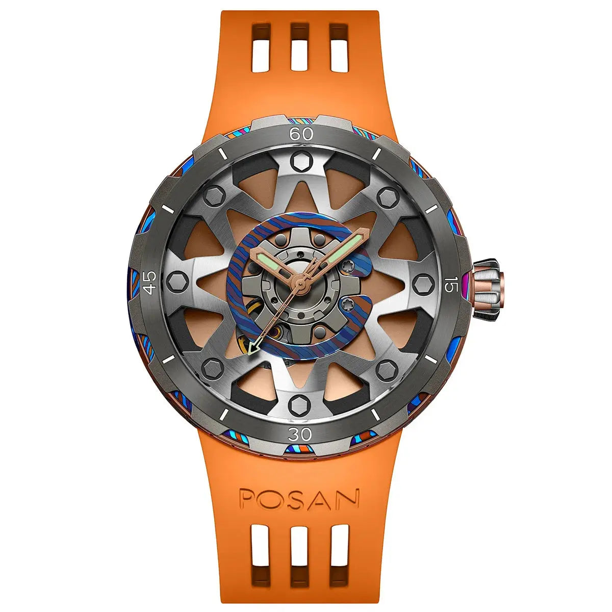 Timascus automatic watch with orange strap and industrial skeleton dial design
