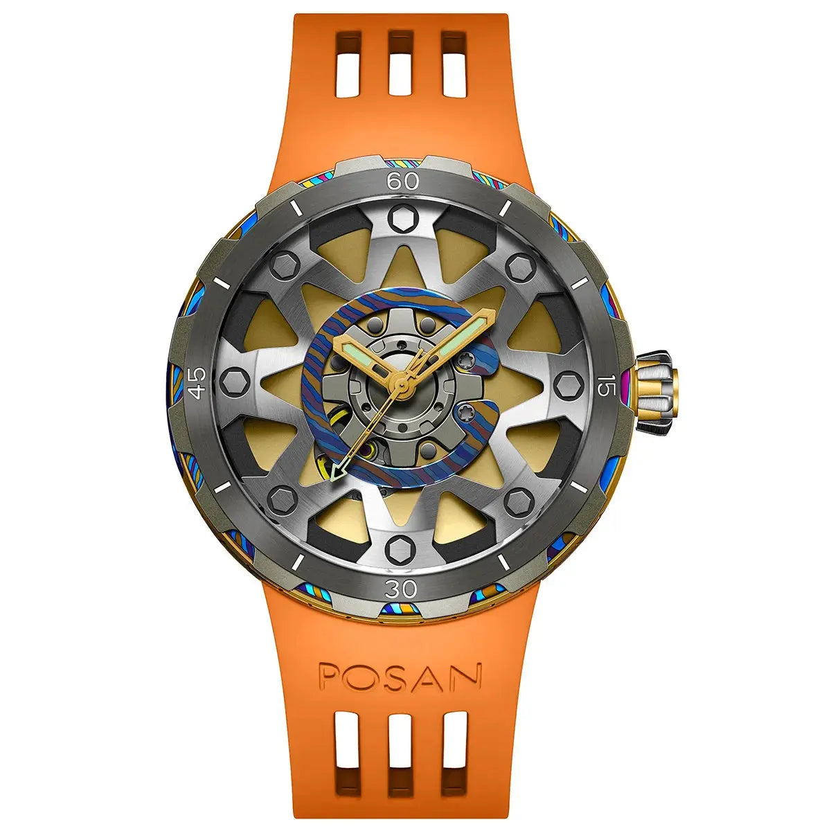 Timascus automatic watch with orange strap and intricate multi-color dial design