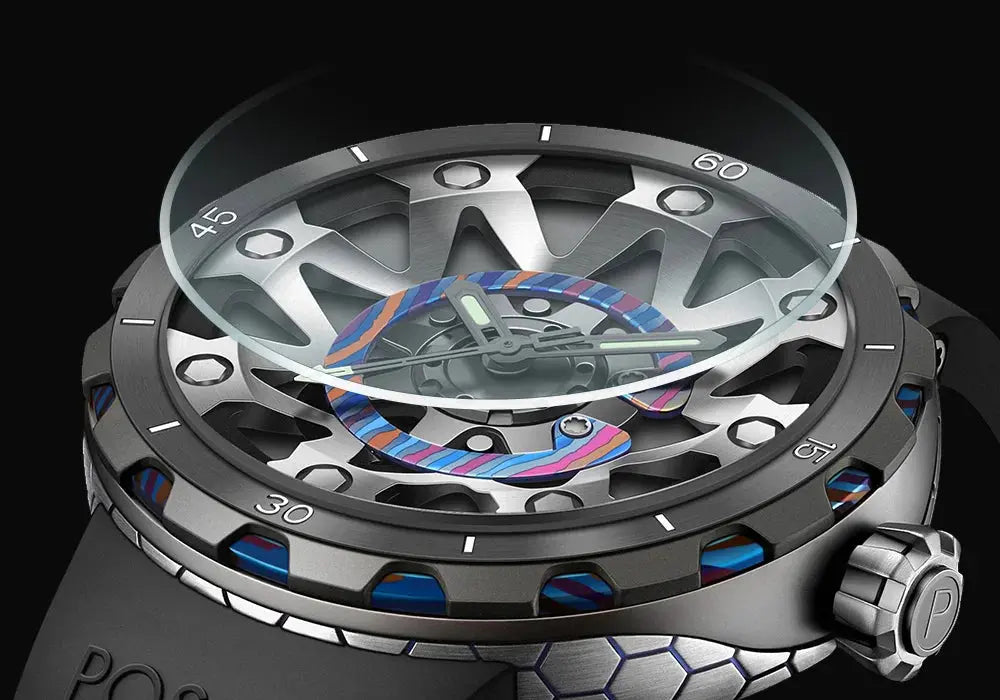 Timascus automatic watch with intricate skeleton dial and titanium case design