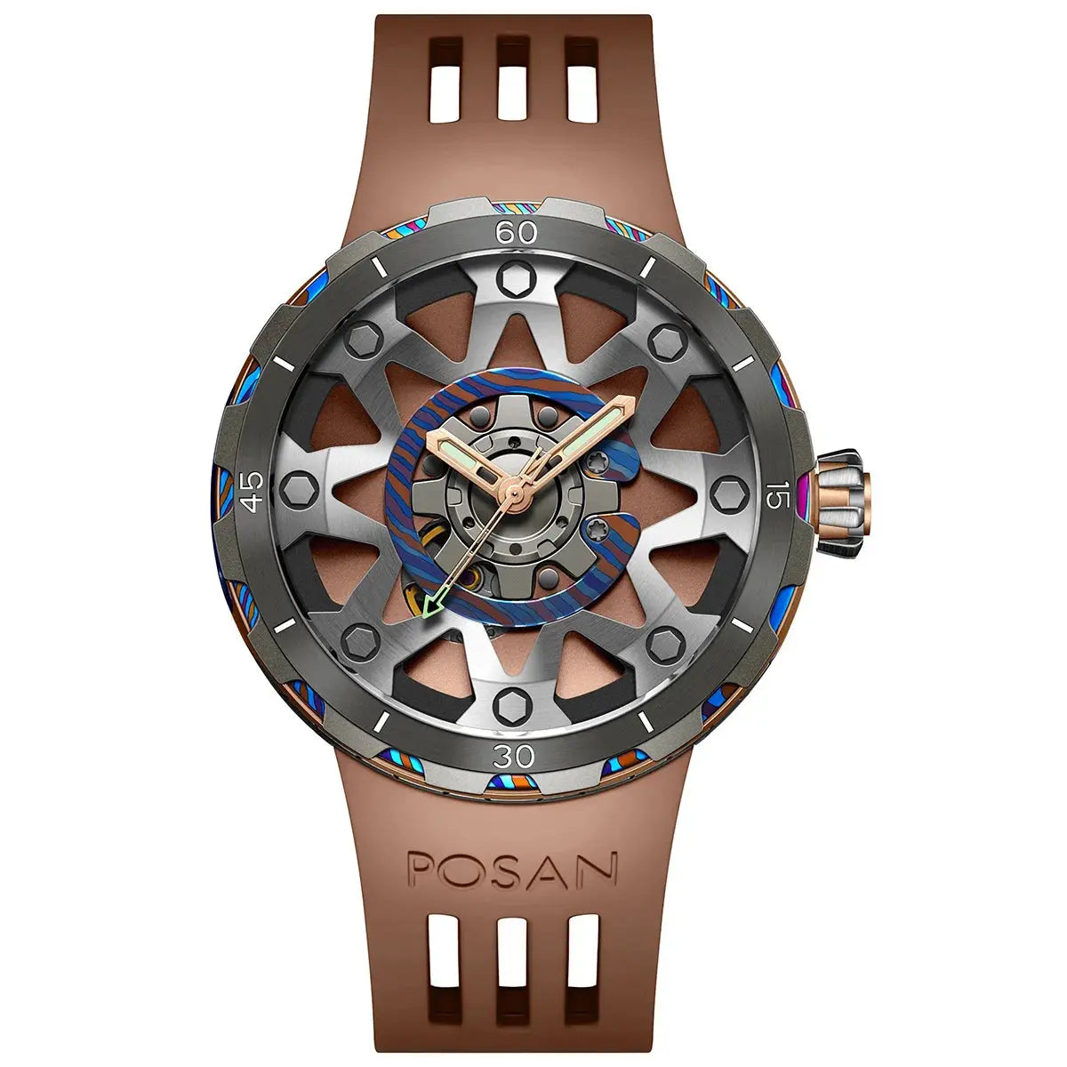 Timascus automatic watch with brown strap and detailed mechanical dial