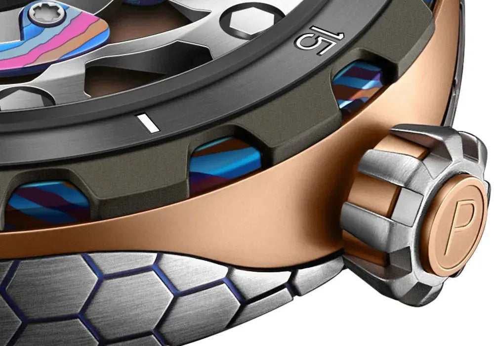 Close-up of Timascus automatic watch crown and case showing metal textures and intricate design