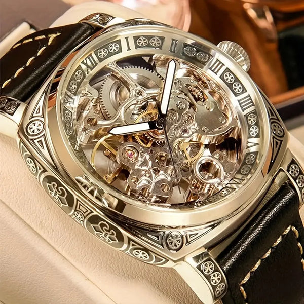 Alcom Distribution premium men's watch with mechanical movement and intricate engraved case design