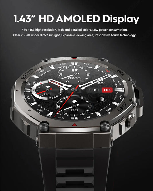 Alcom Distribution rugged metal watch with 1.43 inch HD face and waterproof AMOLED display smartwatch