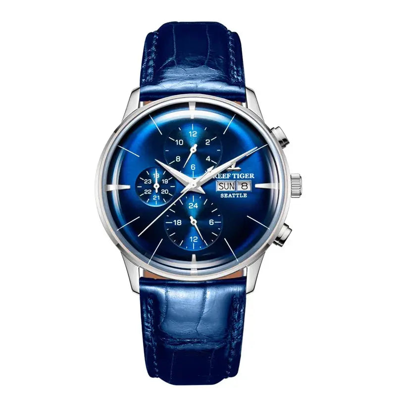 Reef Tiger luxury men's watch with blue leather strap and stainless steel case by Alcom Distribution