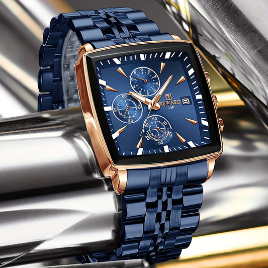 Men's blue rectangular watch by Alcom Distribution with rose gold accents and stainless steel strap