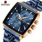 Men's blue rectangular watch by Alcom Distribution with gold accents and chronograph features