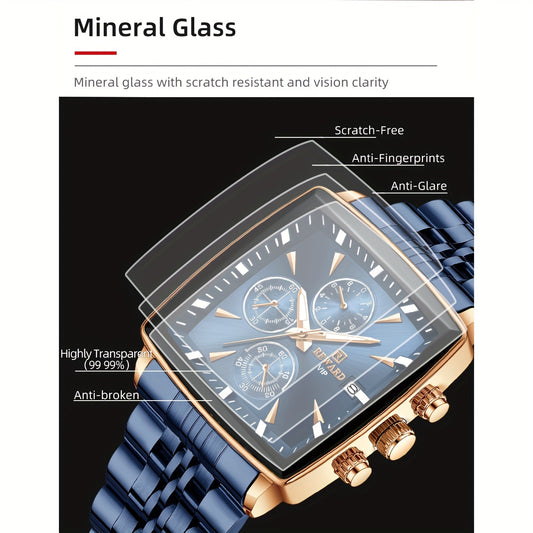 Men's blue rectangular watch with mineral glass featuring scratch-free and anti-glare protection