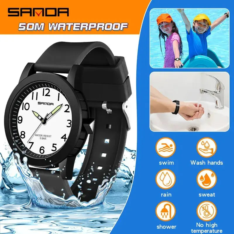 Alcom Distribution children's shock resistant watch with 50M waterproof feature and black strap