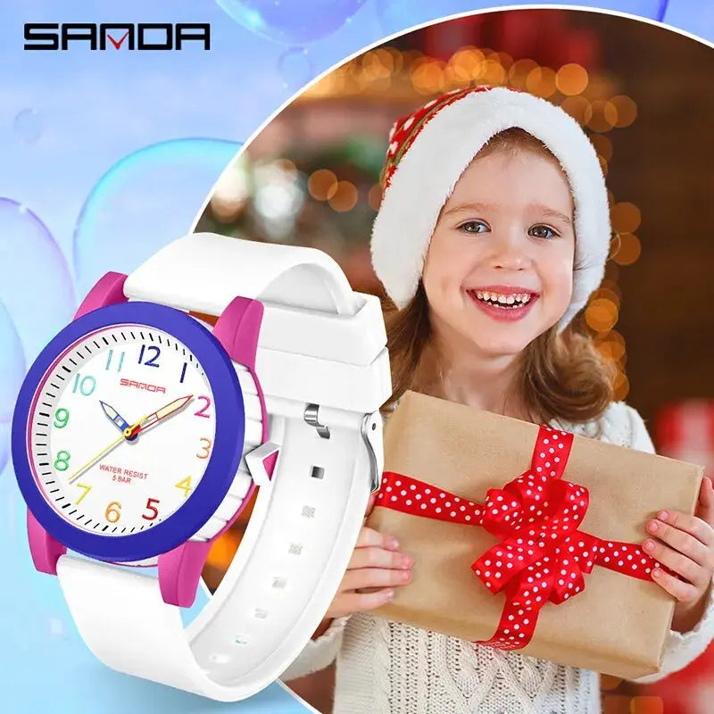 Children's shock resistant watch by Alcom Distribution with colorful dial and white strap