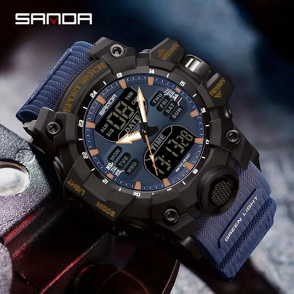 SANDA durable sports watch with blue strap and black rugged case by Alcom Distribution