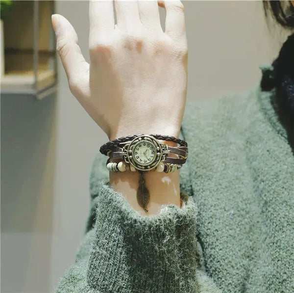 Shourui quartz wristwatch for women with vintage round face and braided leather strap