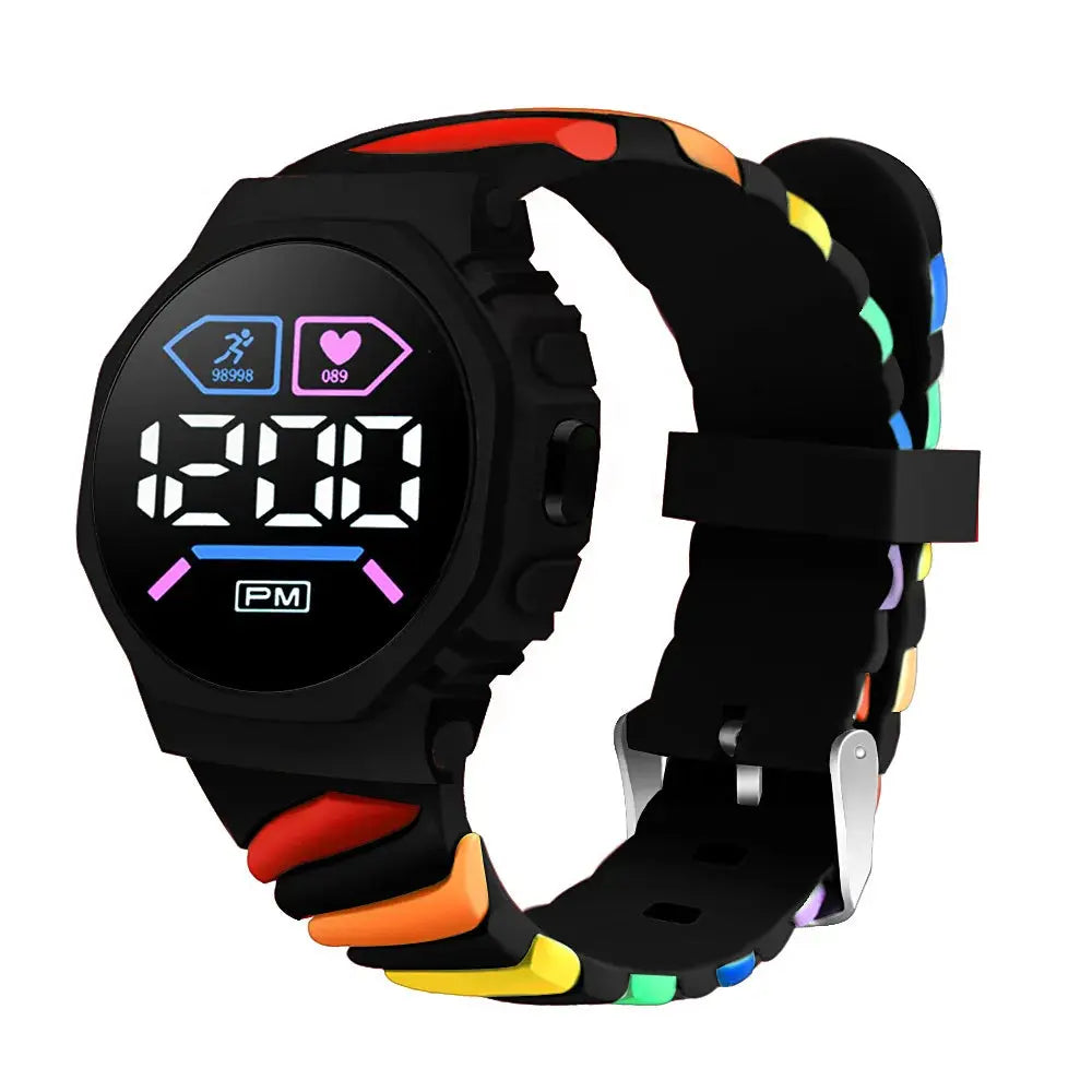 Silicone rainbow watch for children with black digital face and fitness tracking features by Alcom Distribution