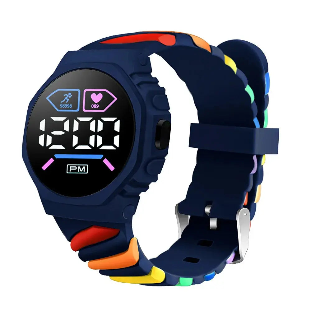 Silicone rainbow watch for children with navy blue digital display and multicolor strap by Alcom Distribution