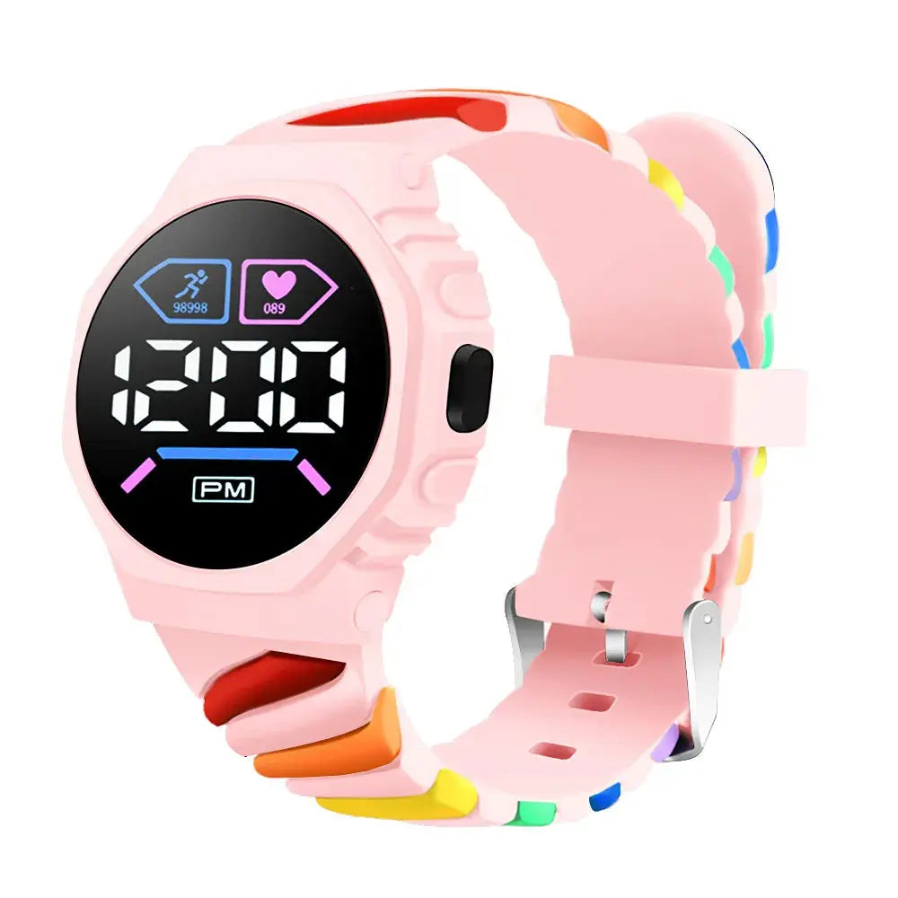Alcom Distribution silicone rainbow watch for children with pink digital display and colorful band