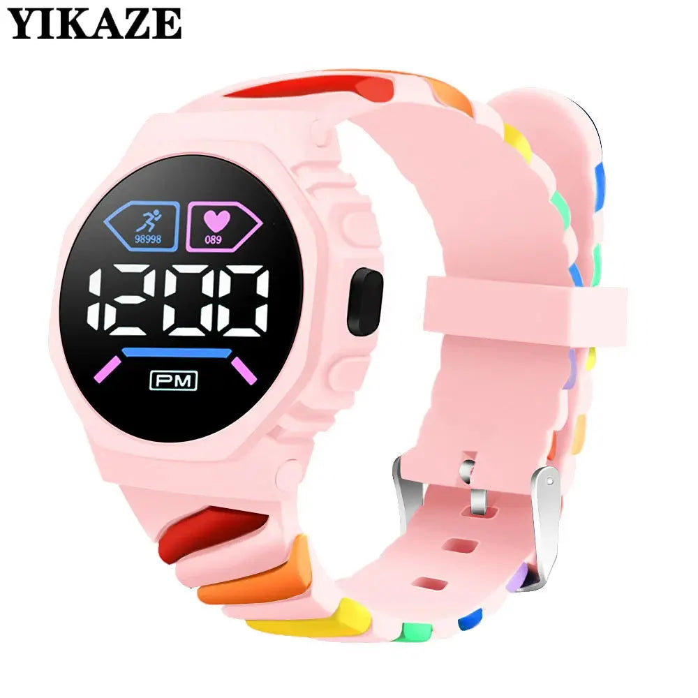 Silicone rainbow watch for children with pink strap and digital display from Alcom Distribution