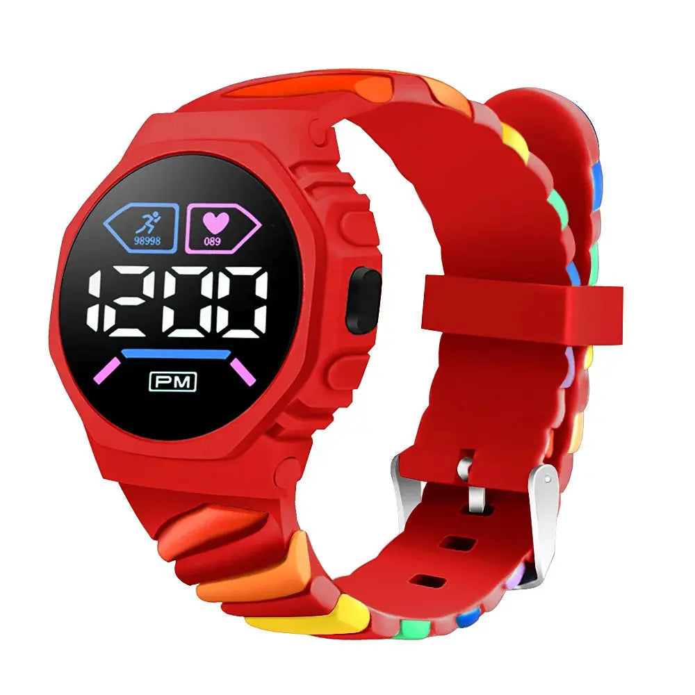 Alcom Distribution silicone rainbow watch for children with red digital display and colorful silicone band