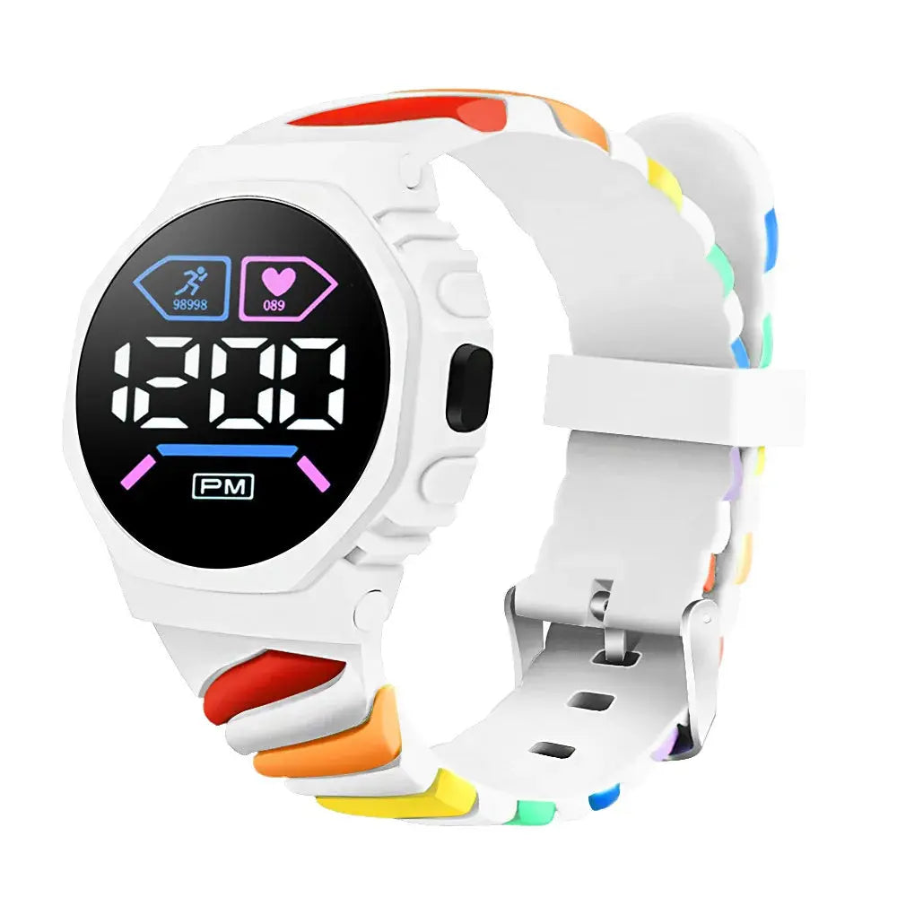 Alcom Distribution silicone rainbow watch for children with white digital face and colorful silicone strap