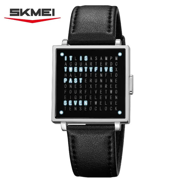 SKMEI 2388 men's digital watch with unique word display and black leather strap from Alcom Distribution