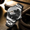 SKROX waterproof automatic watch with silver metal band and black dial showing internal mechanism