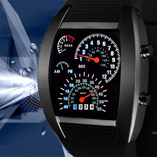 Alcom Distribution black racing dashboard LED sports watch with curved rectangular face strap speedometer gauges illuminated