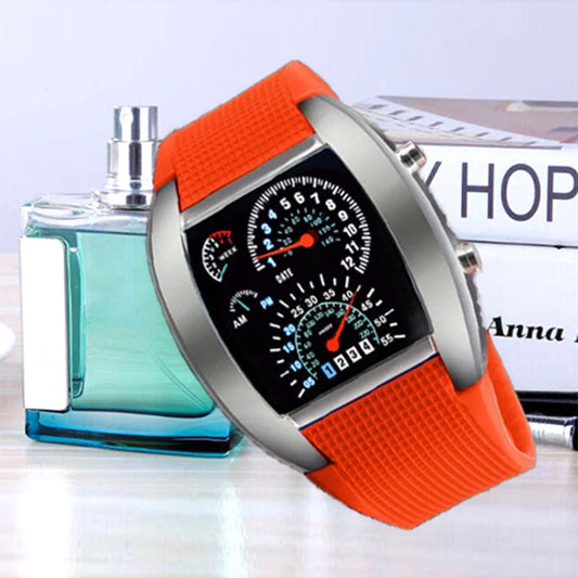 Alcom Distribution racing dashboard LED sports watch with orange silicone strap and car gauge style LED display