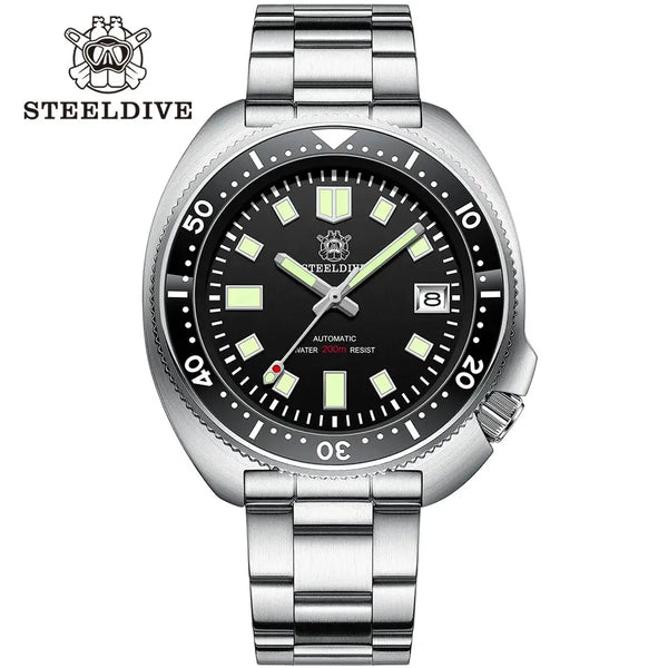 Steeldive SD1970 automatic dive watch with stainless steel band and black dial from Alcom Distribution