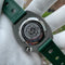 Back view of Steeldive SD1970 automatic dive watch showing stainless steel case back and green strap
