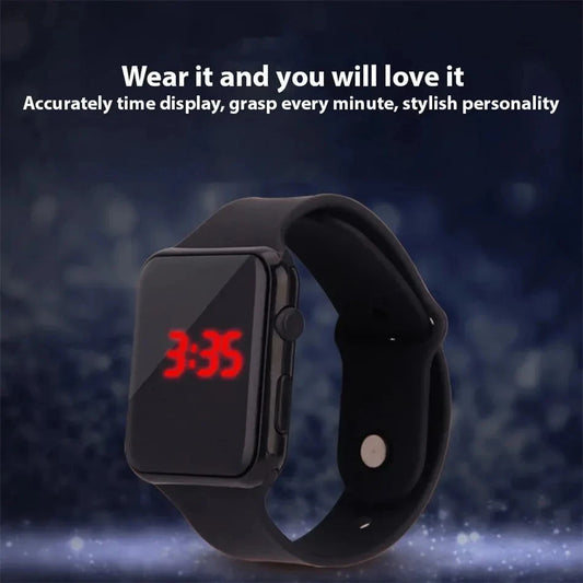 Alcom Distribution black rectangular simple fashion digital watch with red LED display showing 3 35 and silicone strap