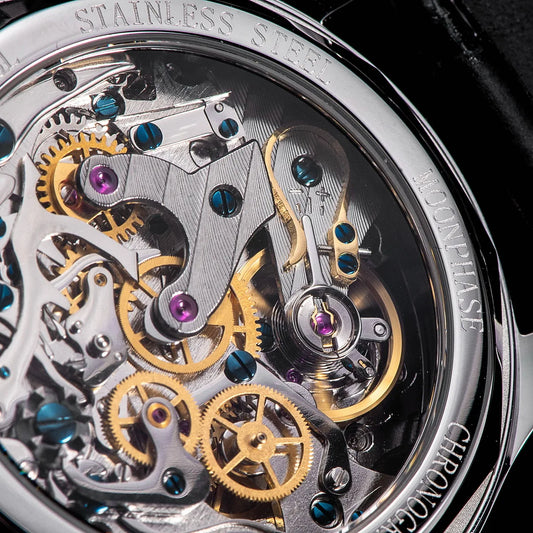 Close-up view of the intricate gears inside the Sugess mechanical chronograph watch by Alcom Distribution