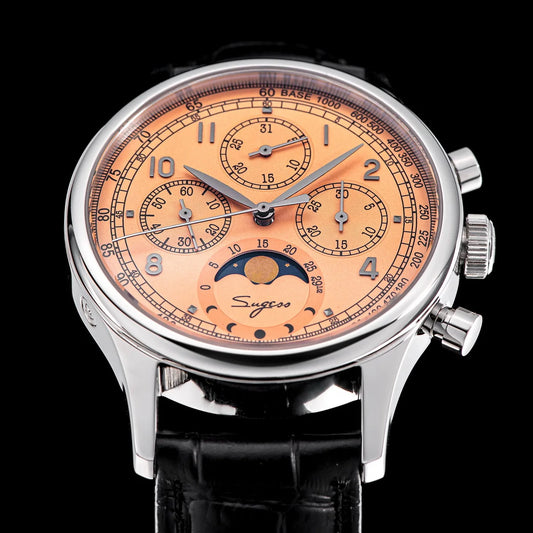 Sugess mechanical chronograph watch with orange dial moon phase and black leather strap