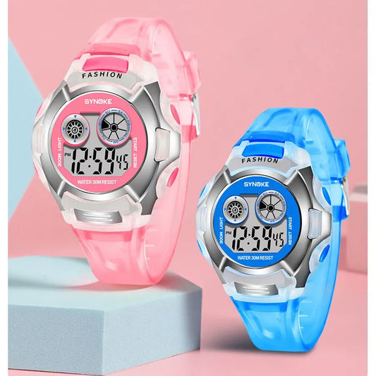 Children's tech-savvy fitness watch in pink and blue with digital display and sporty design