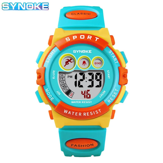 Synoke kids digital watch with colorful blue orange yellow design and water resistant features