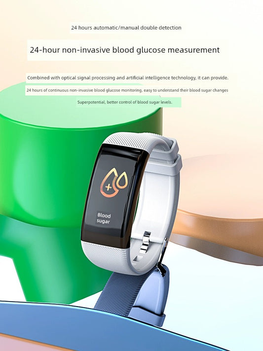 Tech-savvy fitness wearable by Alcom Distribution showing blood sugar monitoring on white wristband