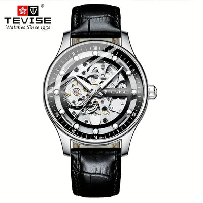 Alcom Distribution luxury skeleton mechanical watch for men Tevise stainless steel case black leather strap