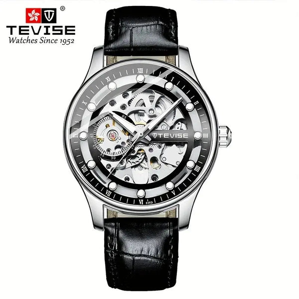 Alcom Distribution luxury skeleton mechanical watch for men Tevise stainless steel case black leather strap