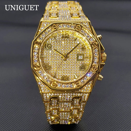 Alcom Distribution luxury diamond watch for men with gold finish and fully encrusted diamonds