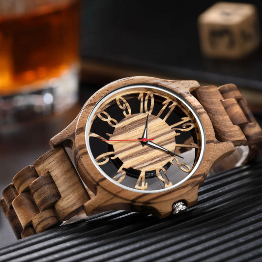 Alcom Distribution unisex wooden watch with natural wood grain and unique cut-out dial design