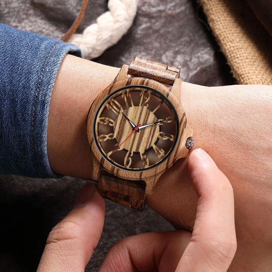 Alcom Distribution unisex wooden watch with natural wood grain design on wrist