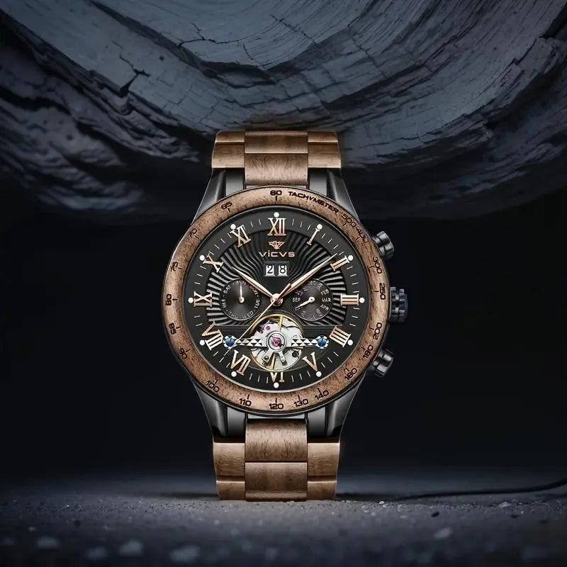 Men's automatic wooden watch with black dial and Roman numerals from Alcom Distribution